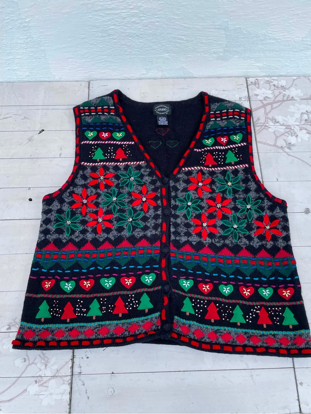 Designers Originals Navy Knit Holiday Vest with Red & Green Accents